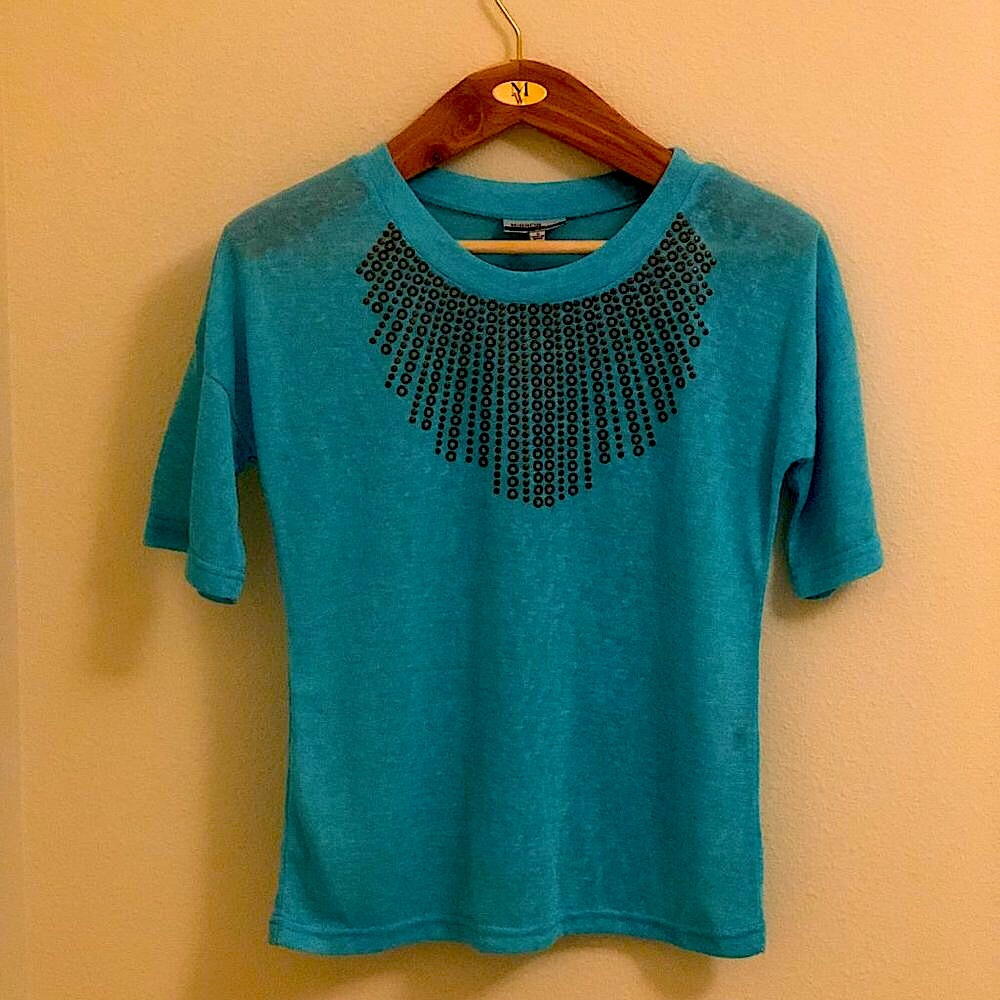 MIRROR IMAGE Boho Embellished Turquoise Short Sleeve Knit top Size S